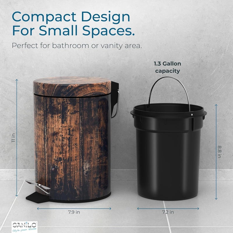 Sanilo Small Bathroom Trash Can with Lid [1.3 Gallon] - Lidded Tiny Trashcan for Garbage - Mini Metal Bin with Soft Closing Mechanism - Bath Room Accessoire Wastebin with Inner Bucket (Vintage) - Image 5